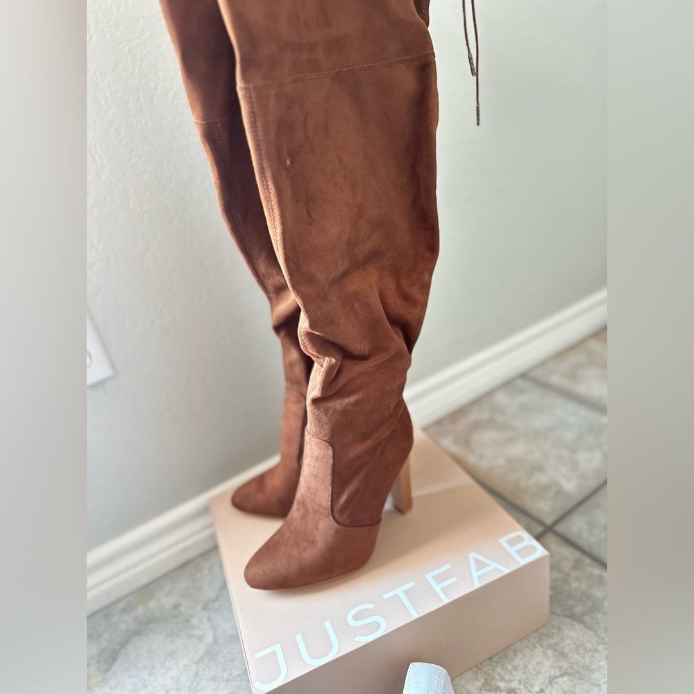 Thigh high just fab brown heeled boots